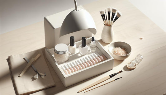 Minimalistischer Maniküre-Arbeitsplatz mit UV-Lampe, offenem Gel, präparierten Nageltips und rosa Akzent – stilvolle Tools für Gelnägel auf hellem Holz.