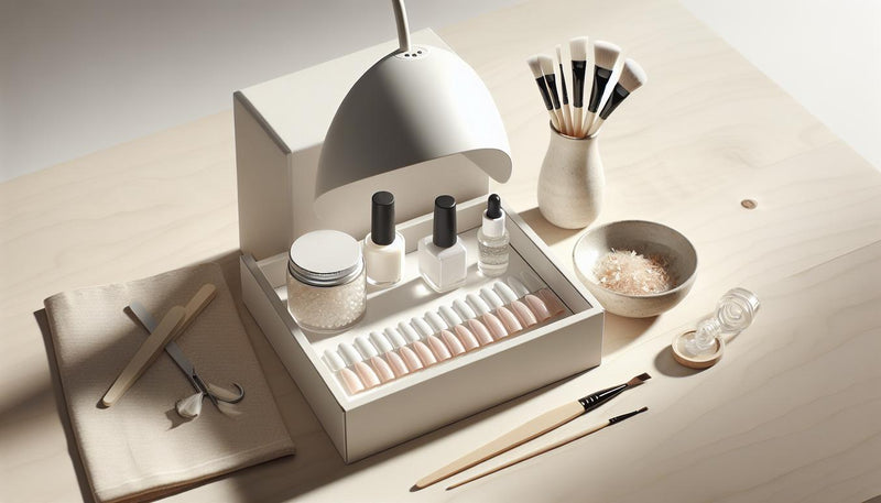 Minimalistischer Maniküre-Arbeitsplatz mit UV-Lampe, offenem Gel, präparierten Nageltips und rosa Akzent – stilvolle Tools für Gelnägel auf hellem Holz.