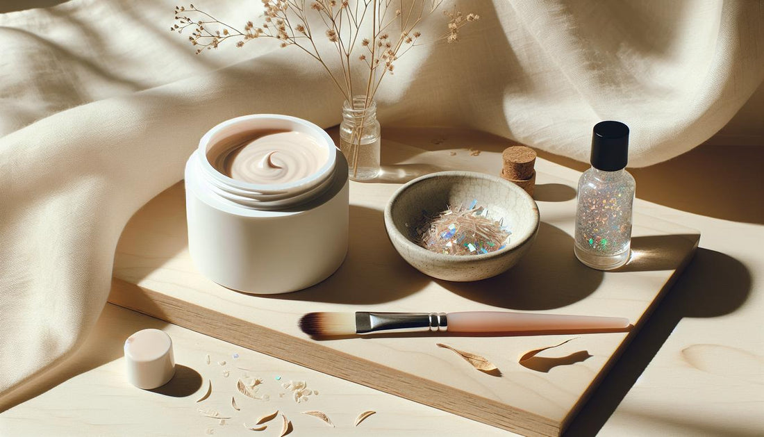 Heller, minimalistischer Arbeitsbereich für Gelnägel mit geöffnetem Gel‑Töpfchen, feinem Nailart‑Pinsel, holografischen Flakes auf hellem Birkenholz, zarter Leinenserviette.