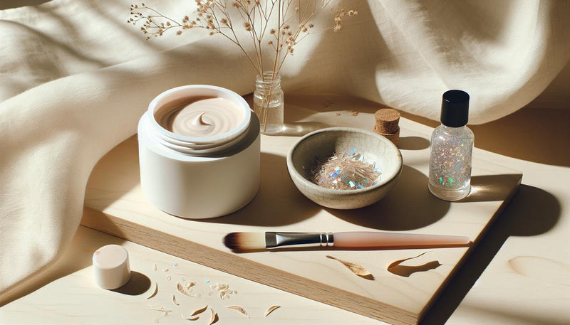 Heller, minimalistischer Arbeitsbereich für Gelnägel mit geöffnetem Gel‑Töpfchen, feinem Nailart‑Pinsel, holografischen Flakes auf hellem Birkenholz, zarter Leinenserviette.
