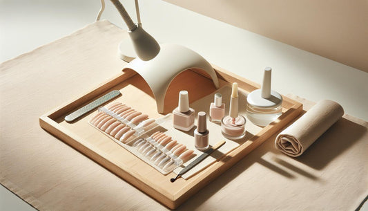 Minimalistisches Produktbild: Gelnägel auf kurzen Nägeln – nude GellyTips, offene Nude‑Gel‑Flasche, kleine UV‑LED‑Lampe, Pipetten‑Nagelöl und feine Feile auf hellem Holztablett.