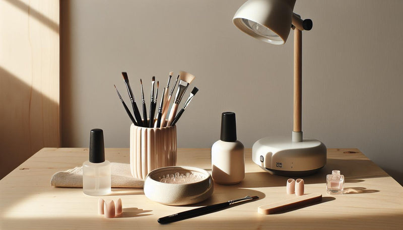Minimalistischer Maniküre‑Arbeitsplatz mit Base‑Gel, feinen Pinseln, Dehydrator, LED‑Lampe und halb aufgebautem Ombre‑Nageltip – gelnägel design
