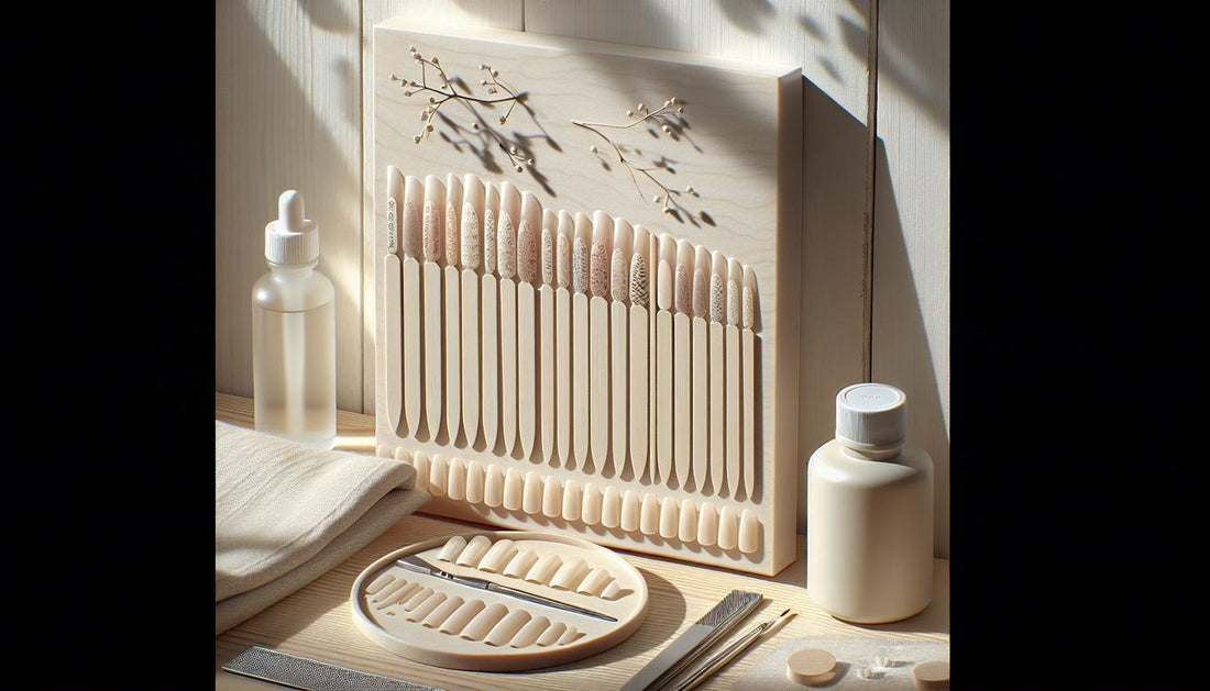 Minimalistisches Display mit press-on Gelnägeln auf Keramikplatte, Nagelöl-Fläschchen, Edelstahl-Pusher und schlichter Produktbox auf hellem Birkenholz, ruhiges Tageslicht.