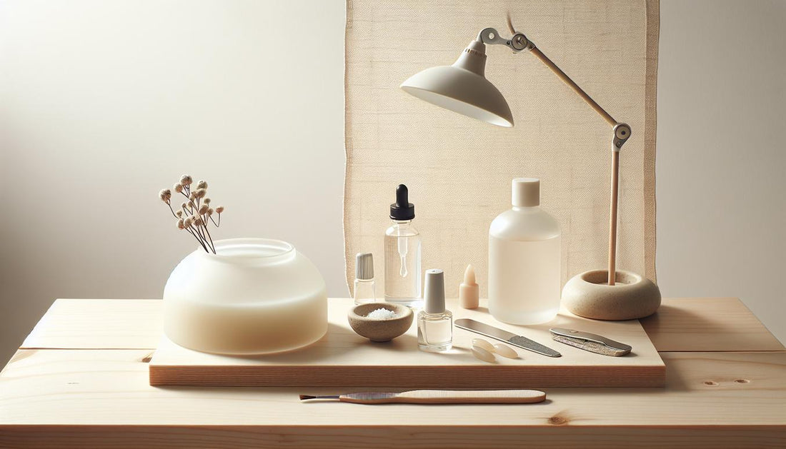 Minimalistische DIY‑Arbeitsfläche mit geöffnetem Gel‑Tiegel, UV/LED‑Lampe, Feilen und Nagelöl auf hellem Holz, dezente pinke Blüten als Akzent für gelnägel