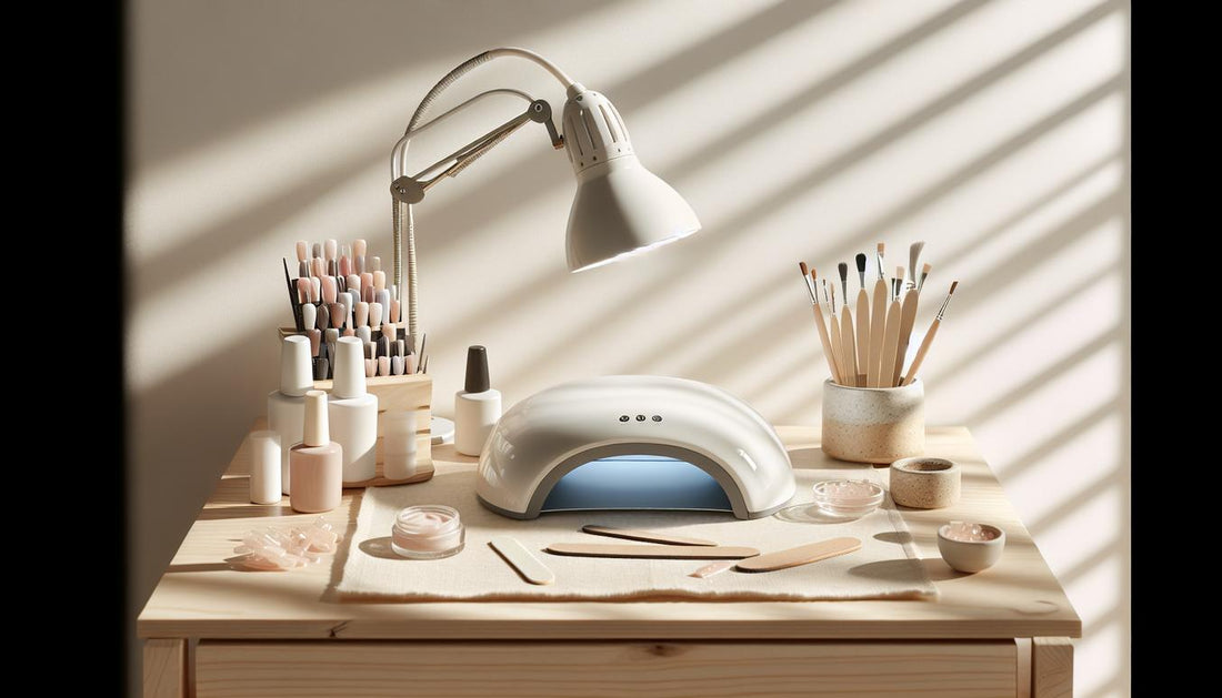 Minimalistisch organisierter Nail-Arbeitsplatz auf hellem Holz mit UV/LED-Lampe, Base- und Top-Coat, Dehydrator, Soft-Gel-Tips und Feilen – gelnägel einsteiger