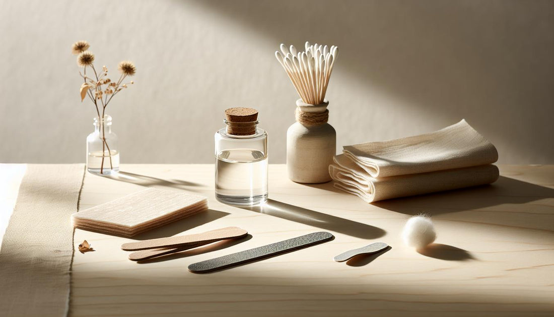 Minimalistisches Maniküre‑Setup auf hellem Holz mit offener, etikettenfreier Acetonflasche, Wattepads, Alufolienstreifen und Feilen – Gelnägel entfernen