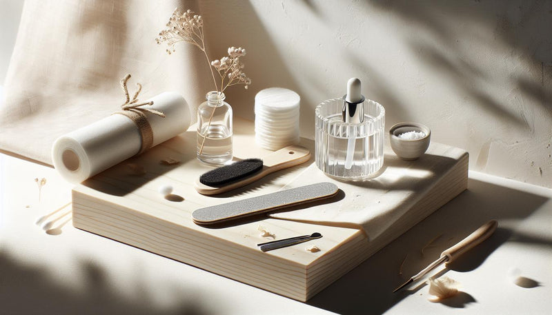 Nahaufnahme einer aufgeräumten Maniküre-Station mit Feile, Alufolie-Rollen, Wattepads, Nagelölfläschchen und Glas mit Entfernerlauge – Vorbereitung zum Gelnägel entfernen.