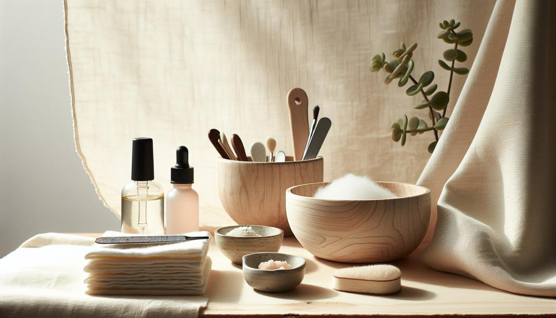 Aufgeräumtes Stillleben eines Behandlungsplatzes mit Feilen, Alufolie, Watte, Lösungsschale und Nagelöl – Thema: Gelnägel entfernen.
