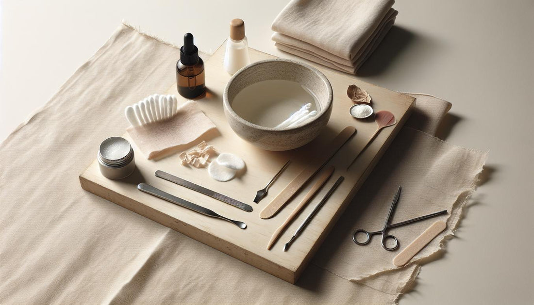Nahaufnahme eines aufgeräumten Manikürtisches mit Schale mit Aceton, getränkten Wattepads, Alufolie, Nagelhautschieber, Nagelölfläschchen und Handtuch – Szene zum gelnägel entfernen.