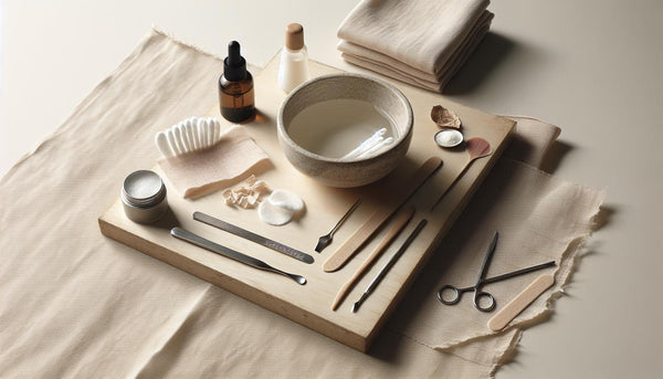 Nahaufnahme eines aufgeräumten Manikürtisches mit Schale mit Aceton, getränkten Wattepads, Alufolie, Nagelhautschieber, Nagelölfläschchen und Handtuch – Szene zum gelnägel entfernen.