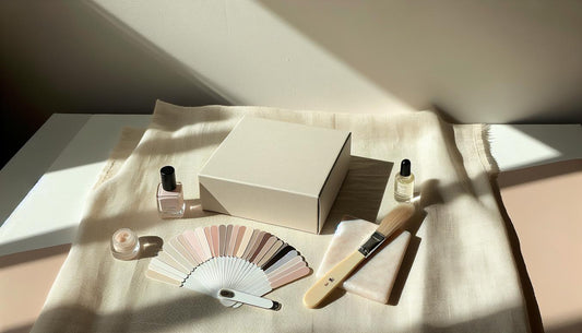 Flatlay: geschlossene neutrale Verpackung, Farb-Swatch-Fächer in sheer Pink und warmen Nudes (Rosé/Beige), Feile, Pinsel und Nagelöl auf hellem Leinen im ruhigen Tageslicht, gelnägel farbe