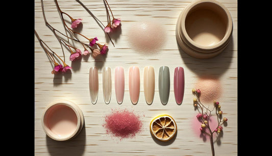 Flatlay mit fünf vorlackierten Gelly-Tips in Soft Pink, Peach Blush, Pistachio, Ocean Depth und Velvet Berry auf hellem Holz mit getrockneten Blüten, Nagelöl und Leinen – gelnägel farbe