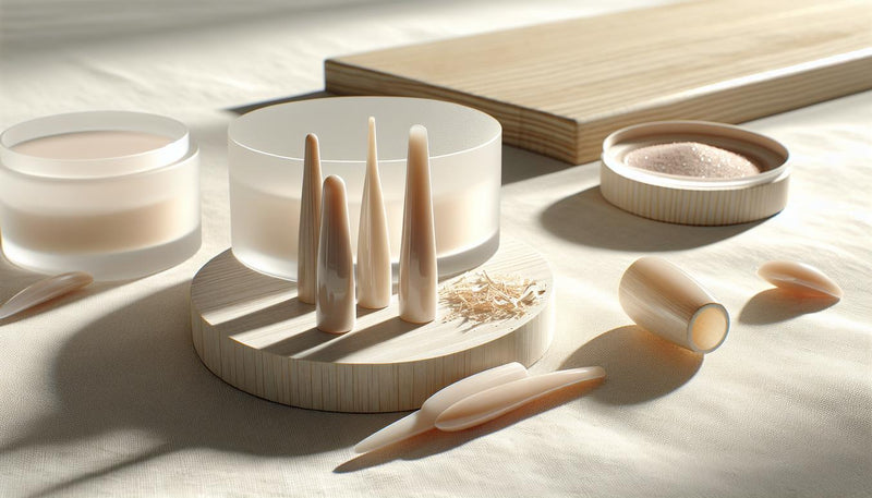 Vier Reihen vorgeformter Soft‑Gel‑Tips (Almond, Coffin, Square, Stiletto) auf hellem Holz, minimalistisches Styling mit dezenter Pink‑Akzent, Gelnägel Formen 2025