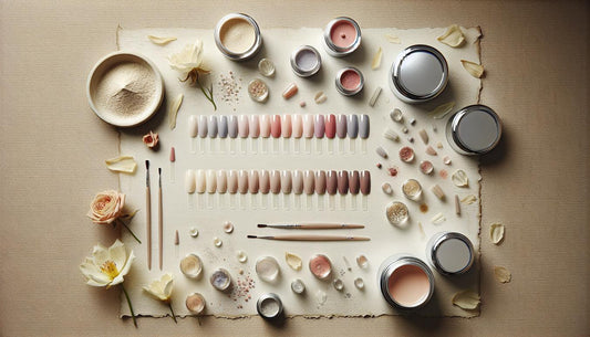 Flatlay mit Gel‑Nageltips in Pastell-, Nude- und Koralltönen, Chrome‑Puder‑Döschen und Glas Perlmuttpigmente auf hellem Leinenholz – gelnägel frühlingsfarben