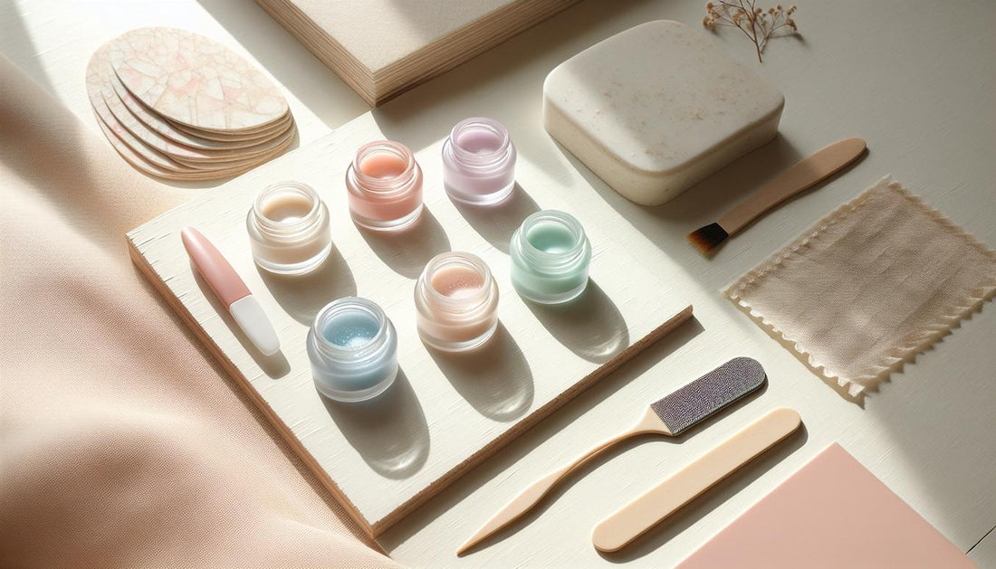 Flatlay mit pastellfarbenen Jelly-Gel-Tiegeln (Rosé, Pfirsich, Flieder, Mint, Himmelblau), Pinsel, Feile und getrockneten Blüten auf hellem Holz – gelnägel frühlingsfarben