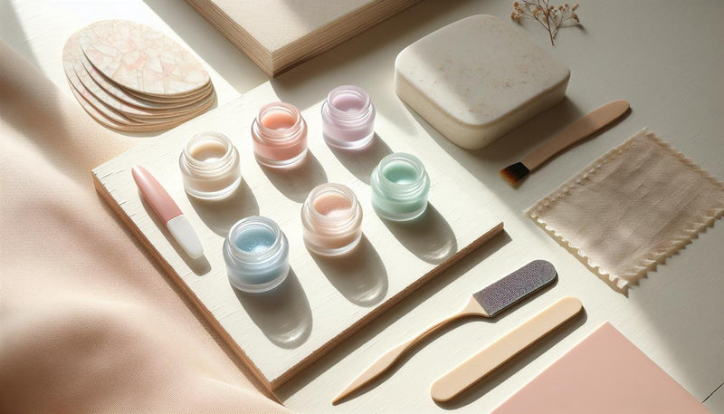 Flatlay mit pastellfarbenen Jelly-Gel-Tiegeln (Rosé, Pfirsich, Flieder, Mint, Himmelblau), Pinsel, Feile und getrockneten Blüten auf hellem Holz – gelnägel frühlingsfarben