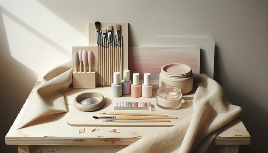 Nahaufnahme minimalistisch arrangierter Nagel-Tools mit Pastell-Swatches, Chrom-Puder und Top Coat auf hellem Holz – gelnägel frühlingsfarben