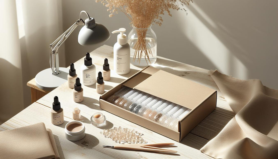 Nahaufnahme einer aufgeräumten Maniküre-Arbeitsfläche mit offenem Starter-Kit, Soft-Gel-Tips, Base-Gel, Dehydrator, LED-Lampe und Nagelöl – gelnägel für anfänger, minimalistisch und hell.