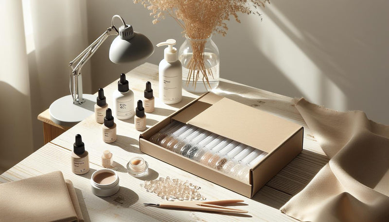 Nahaufnahme einer aufgeräumten Maniküre-Arbeitsfläche mit offenem Starter-Kit, Soft-Gel-Tips, Base-Gel, Dehydrator, LED-Lampe und Nagelöl – gelnägel für anfänger, minimalistisch und hell.