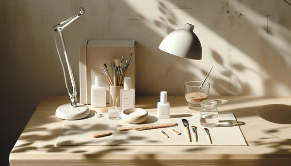 Minimalistischer Studio-Arbeitsplatz mit Nagellampe, Base- und Top-Coat-Fläschchen, offenem UV-Gel und Starter‑Kit-Box auf hellem Holz – gelnägel für nagelstudios