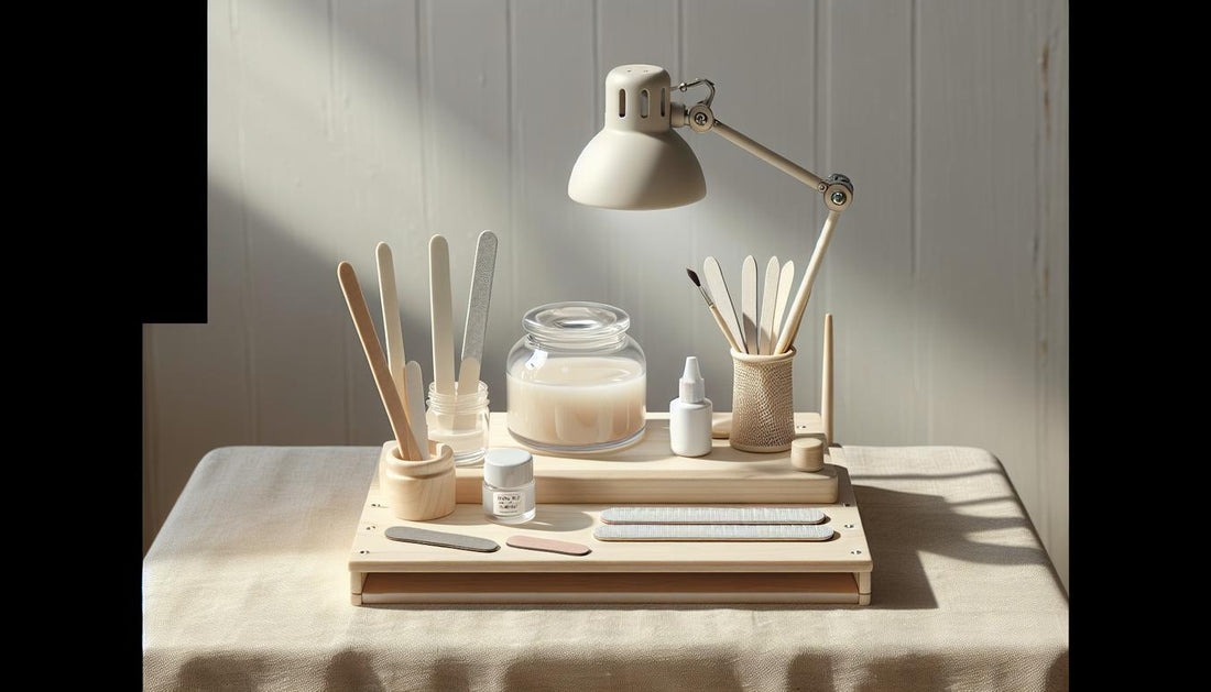 Aufgeräumte Nagelarbeitsstation mit UV/LED‑Lampe, Tiegeln (Base, Aufbau, Top), Feilen und Pinseln auf hellem Holz – Gelnägel für professionelle Anwender:innen