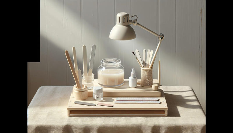 Aufgeräumte Nagelarbeitsstation mit UV/LED‑Lampe, Tiegeln (Base, Aufbau, Top), Feilen und Pinseln auf hellem Holz – Gelnägel für professionelle Anwender:innen