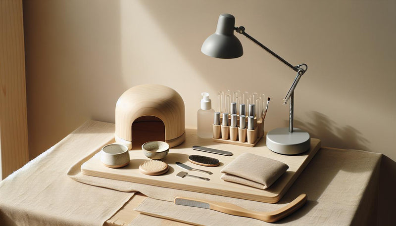 Nahaufnahme aufgeräumter Maniküre-Station mit UV/LED-Lampe, Feile, Buffer, offenem Dehydrator und Glas mit klaren Gelly-Tips – gelnägel haltbarkeit verlängern