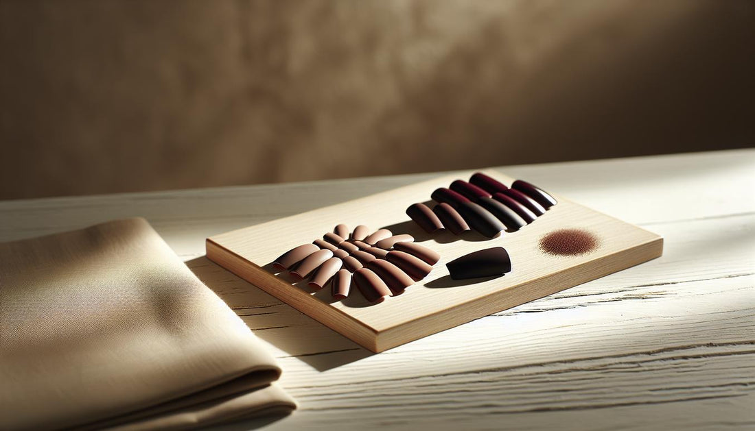 Nahaufnahme abgelegter Nagelspitzen in warmem Chocolate‑Matt und dunklem Beerenglanz mit feinem Chrome‑Streifen auf hellem Birkenholz, natürliches Licht — gelnägel herbst