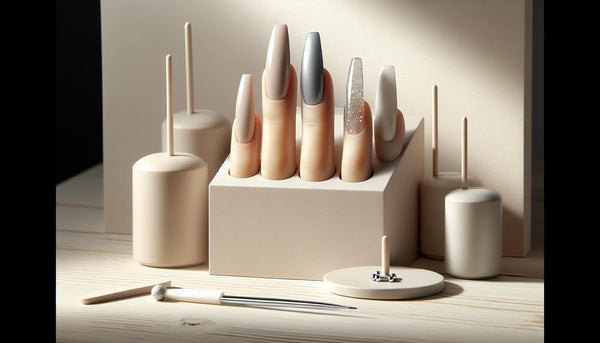 Close-up von fünf mattierten Coffin- und Stiletto-Gelnägeln mit punktuellen Chrome-Akzenten auf minimalistischen Keramikständern, helles Tageslicht, weiße NailX-Ästhetik — gelnägel high fashion