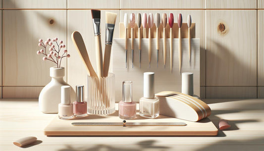 Minimalistisches Set für gelnägel: Nageltools, drei Gelfläschchen (Nude, Rosé, Rot), offener Topcoat und Swatches auf heller Birkenholzoberfläche.