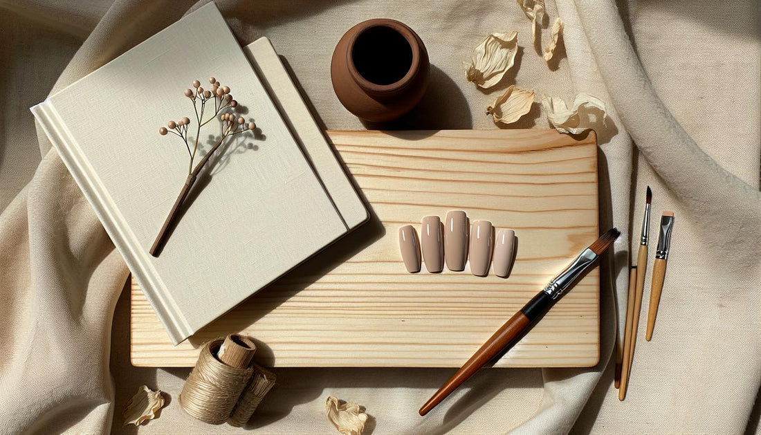 Minimalistisches Stillleben mit fünf kurz gestylten Nude-Gelnägeln auf hellem Holz, feiner Nailart-Pinsel (Schwarz #252832), goldener Linienpinsel, aufgeklapptes Notizbuch und dezente Blüten — gelnägel ideen kurz