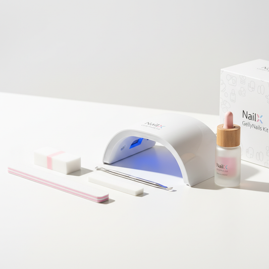 Weißer Tisch mit NailX GellyNails Kit, UV/LED-Lampe, Nageltools und Nagelöl, dezente Pastellakzente #f57fb6, sanftes Seitenlicht, minimalistisches Produktfoto für Gelnägel