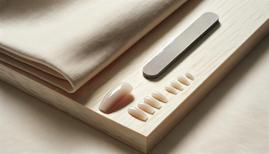 Minimalistisches Stillleben mit Nagelhärter-Fläschchen, offenem rosé Nagellack und Steinzeug-Schälchen mit neutralen Press-on-Nägeln auf hellem Holz.