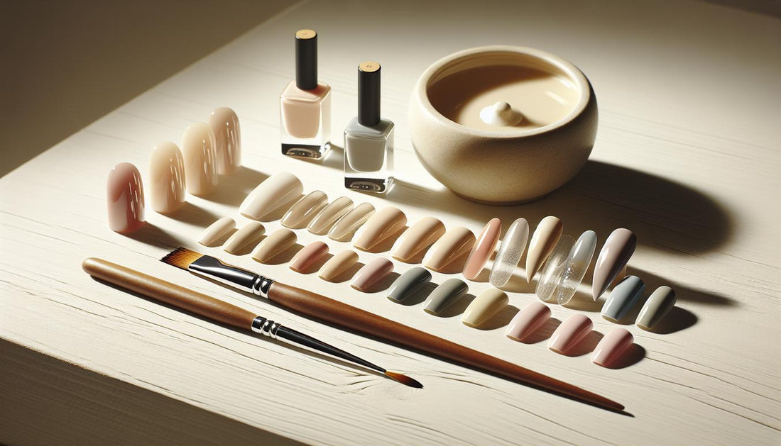 Gepflegte kurze oval und squoval gelnägel kurz als Mustersatz auf hellem Birkenholz mit Keramikschälchen Cuticle-Oil, Pastell- und Metallic-Farbreihen und unscharfer LED-Lampe