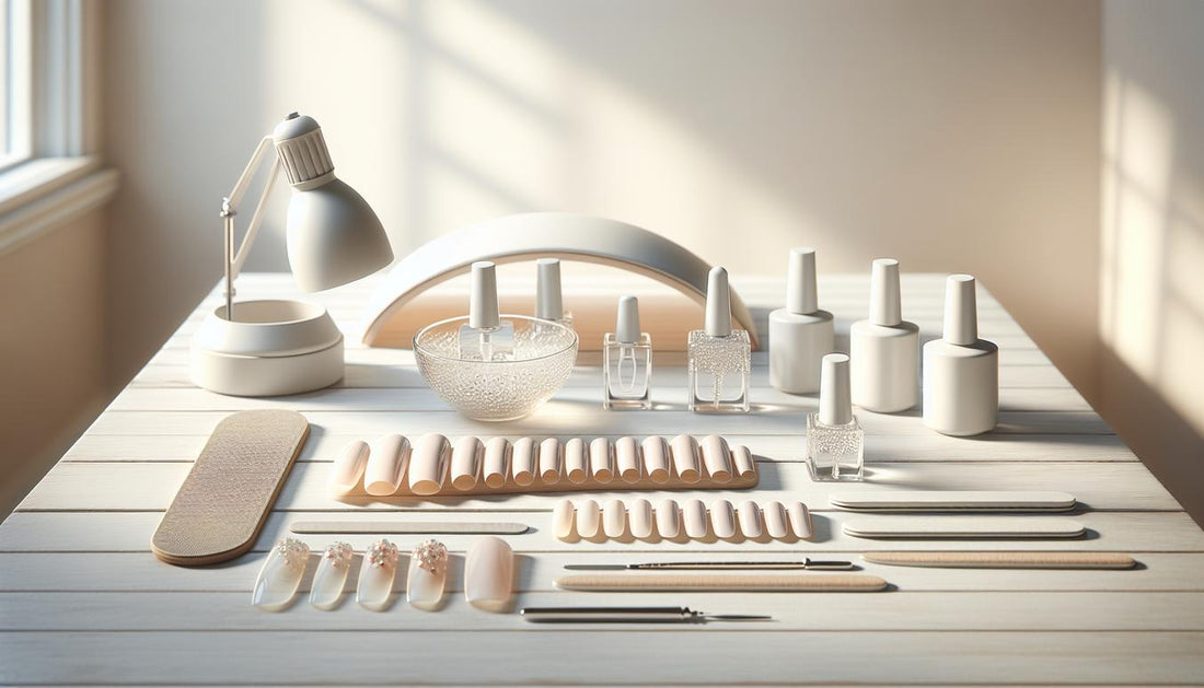 Minimalistisches Stillleben mit kurzen vorgefertigten gelnägeln kurz (oval & squoval) auf hellem Holz, UV/LED‑Lampe, Base & Top Coat, Feile, offener Nagelöl‑Tropfer, dezente pinke Akzente