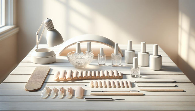 Minimalistisches Stillleben mit kurzen vorgefertigten gelnägeln kurz (oval & squoval) auf hellem Holz, UV/LED‑Lampe, Base & Top Coat, Feile, offener Nagelöl‑Tropfer, dezente pinke Akzente