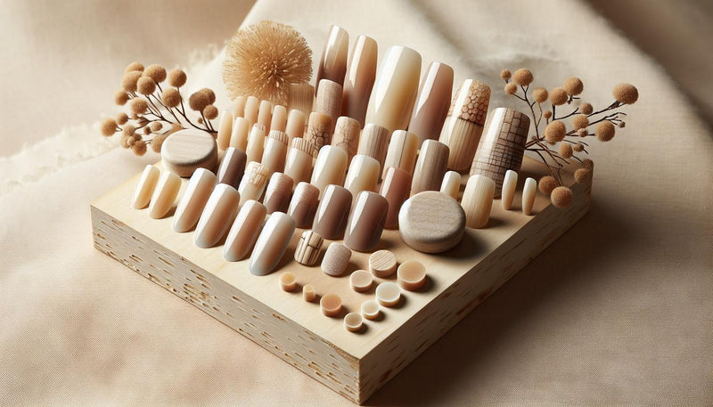 Press-on Gelnägel kurz (Short Square, Almond, Coffin) auf hellem Holz mit glänzendem Top-Coat, dezente Pink-Akzente, minimalistisch und luftig — gelnägel kurz