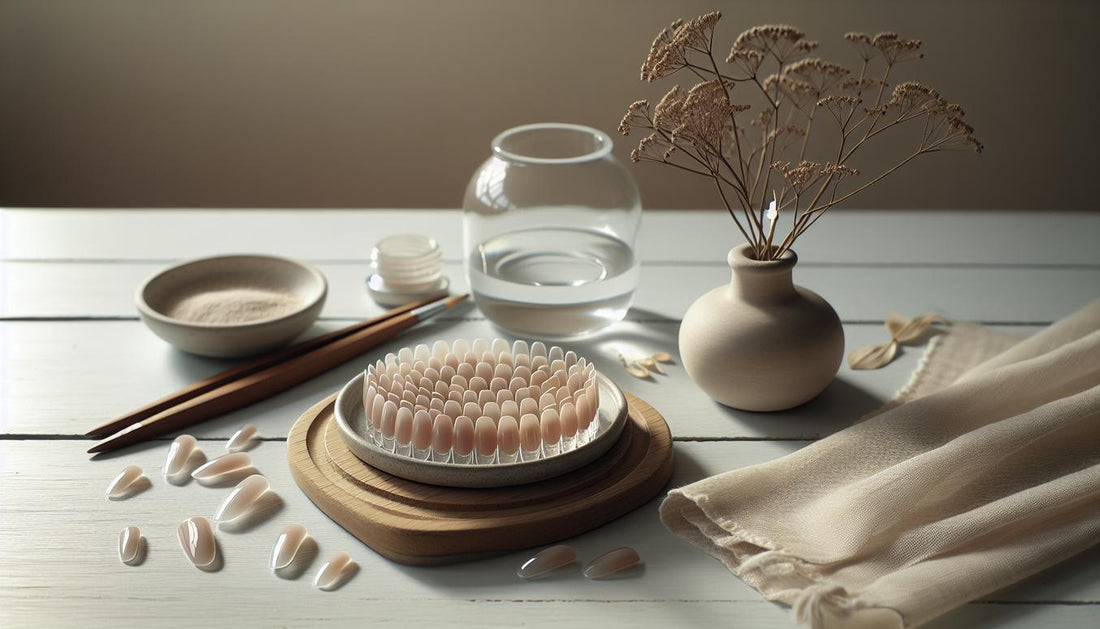 Nahaufnahme kurzer, gepflegter gelnägel kurz als Press-on-Tips mit dezenter Gel-Glanz auf hellem Holz, unscharfe LED-Lampe, Cuticle-Öl und Nagelfeile im Hintergrund.