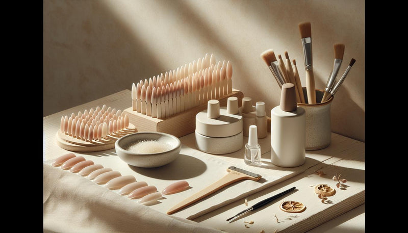 Szene mit gelnägel kurze nägel: kurze Soft‑Gel‑Tips auf hellem Birkenholz, offenes UV‑Gel, Keramikschale, getrocknete Zesten und dezenter pinker Akzent