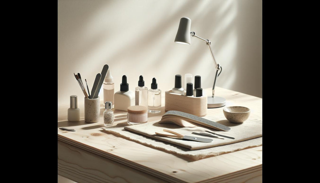 Minimalistische Nahaufnahme eines Maniküre‑Arbeitsplatzes auf hellem Holz mit Gel‑Fläschchen, Feilen, Nagelöl und LED‑Lampe – stilvolles Arrangement für Gelnägel, zarte Pinkakzente.
