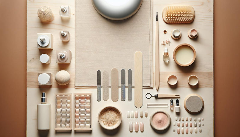 Flatlay einer aufgeräumten Maniküre‑Arbeitsfläche mit LED‑Lampe, Feilen, offenem UV‑Gel, Packung vorgeformter Gelnägel‑Tips und dezenten rosa Akzenten.