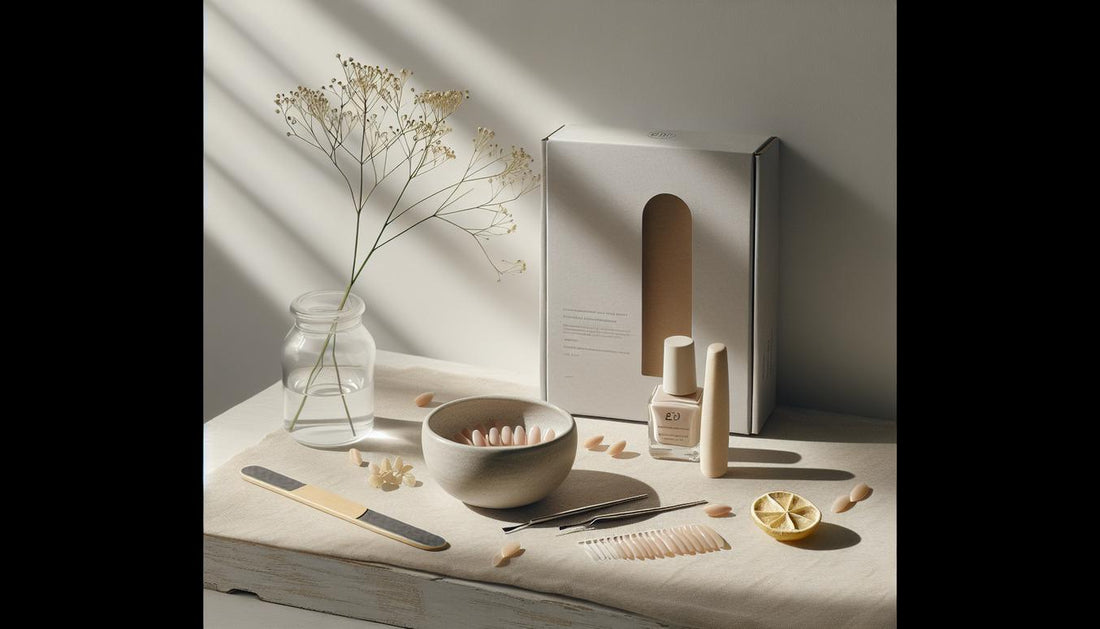 Minimalistisches Nageltisch-Arrangement mit offenem UV-Gel, Pinsel, Feile und unbranded Starter-Kit auf hellem Holz – Vorbereitung für Gelnägel.