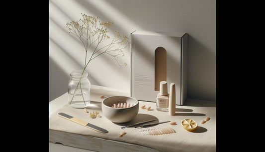 Minimalistisches Nageltisch-Arrangement mit offenem UV-Gel, Pinsel, Feile und unbranded Starter-Kit auf hellem Holz – Vorbereitung für Gelnägel.
