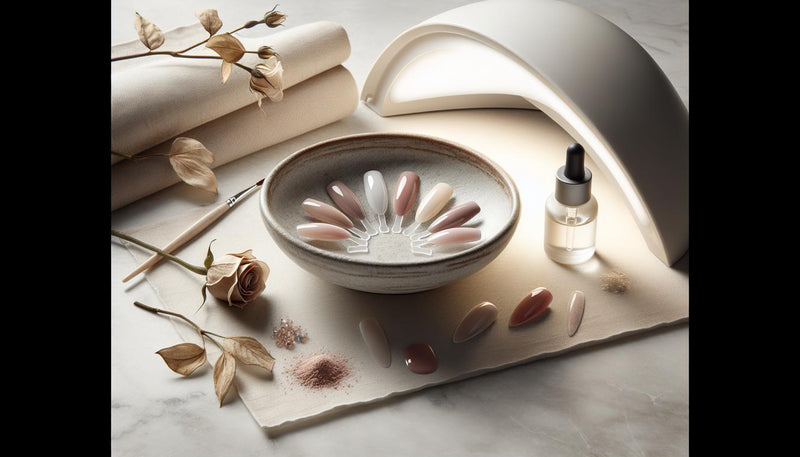 Stilleben mit gelnägel natur rosa: sechs rosé‑nude Gelnägel auf Keramikschale auf hellem Marmor, kleines Nagelölfläschchen und soft beleuchteter LED‑Lampenrand.
