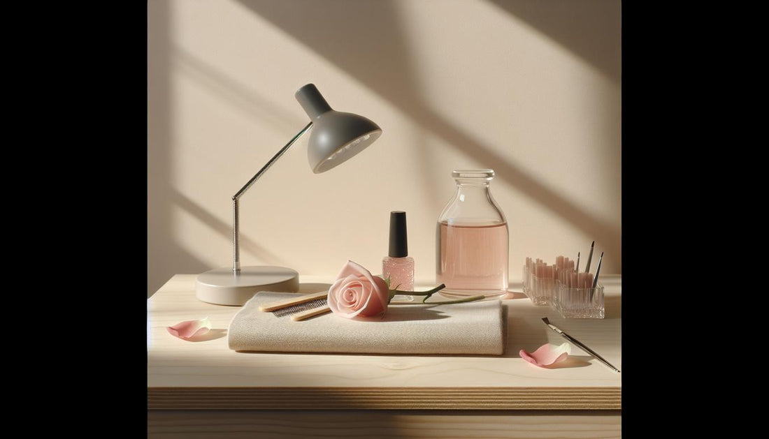 Minimalistische Nahaufnahme einer Nagel-Workstation auf hellem Holz mit halbtransparentem rosé-Gelstreifen, Glasfläschchen, LED-Lampe und Rosenblättern – gelnägel natur rosa