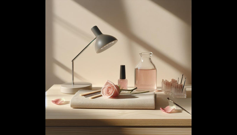 Minimalistische Nahaufnahme einer Nagel-Workstation auf hellem Holz mit halbtransparentem rosé-Gelstreifen, Glasfläschchen, LED-Lampe und Rosenblättern – gelnägel natur rosa