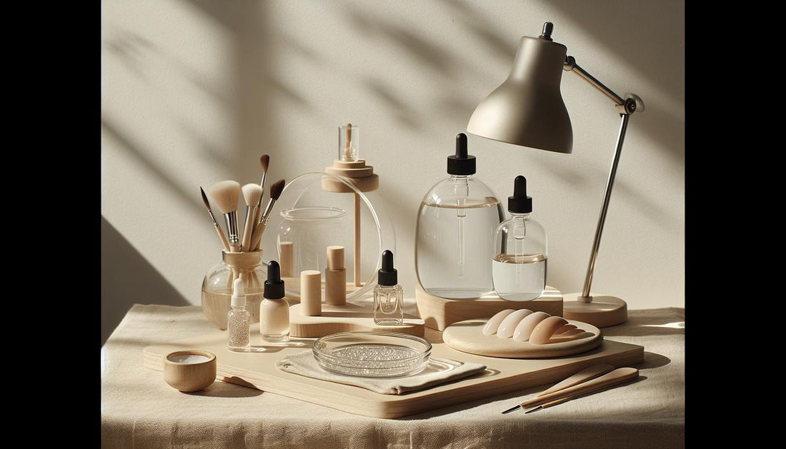 Minimalistische Maniküre-Station auf Birkenholz mit transparenten Sheer-Gel-Fläschchen, UV-LED-Lampe, Nagelöl, pre-buffed Soft-Gel-Tips und Acryl-Nagelmodell. Gelnägel Natur