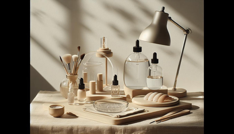 Minimalistische Maniküre-Station auf Birkenholz mit transparenten Sheer-Gel-Fläschchen, UV-LED-Lampe, Nagelöl, pre-buffed Soft-Gel-Tips und Acryl-Nagelmodell. Gelnägel Natur