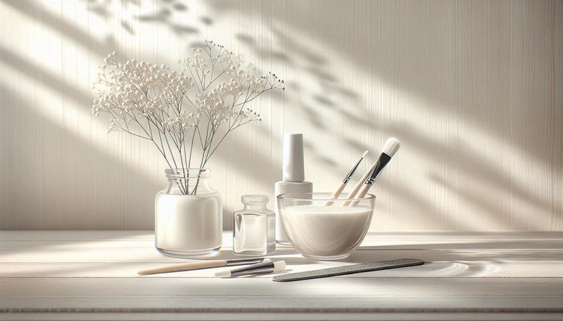 Stillleben auf hellem Birkenholz mit offenem Gel‑Starter‑Kit, Soft‑Gel‑Tips, Base‑ und Top‑Coat, Feile und Pinsel, dezente Nude‑Puderreste – gelnägel natur
