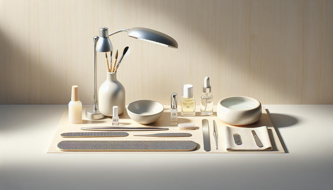 Gelnägel Naturnagel: Minimalistische Maniküre-Station auf Birkenholz mit Feilen, Nagelöl, Keramikschälchen mit Aceton und UV/LED-Lampe in heller Morgenstimmung.